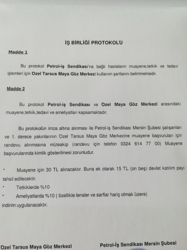 Tarsus Ozel Maya Goz Hastanesi Ile Kurumsal Anlasma Petrol Is Sendikasi