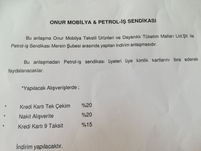 Onur Mobilya Ile Kurumsal Anlasma Petrol Is Sendikasi