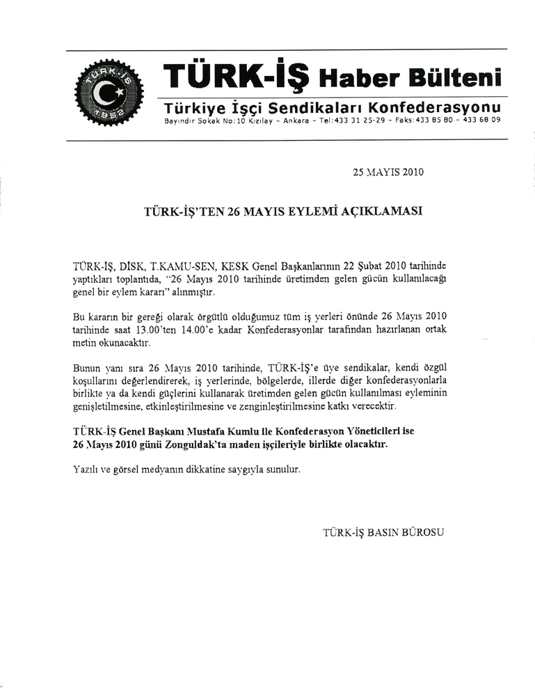 Türk-İş'in 26 Mayıs açıklaması