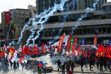 Police violence, Turkish trade unions protesting IMF, World Bank policies