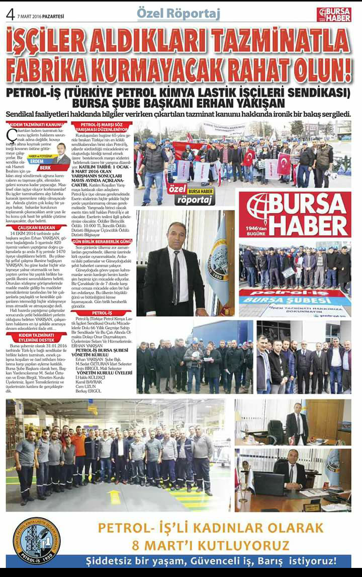 Bursa Şube Başkanımız Erhan Yakışan'ın Bursa Haber Gazetesindeki Ropörtajı