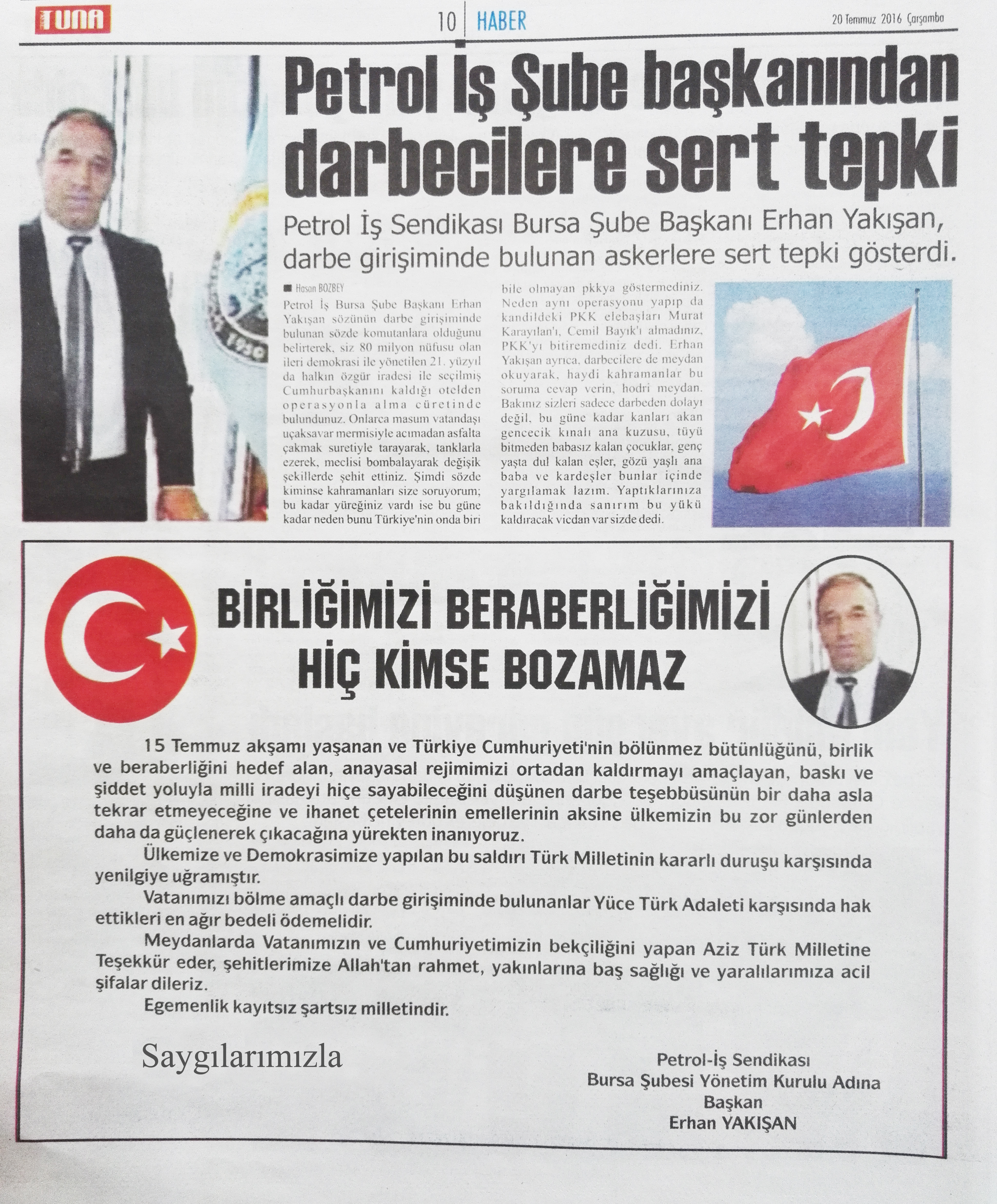 Bursa Şube Başkanımızdan Darbeye Karşı Tepki