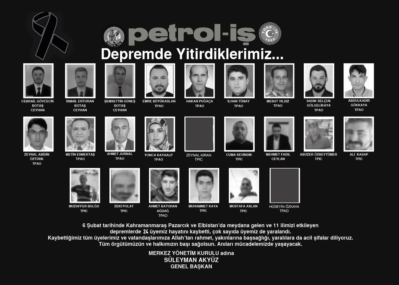 Deprem Sebebiyle 24 Üyemizi Kaybettik