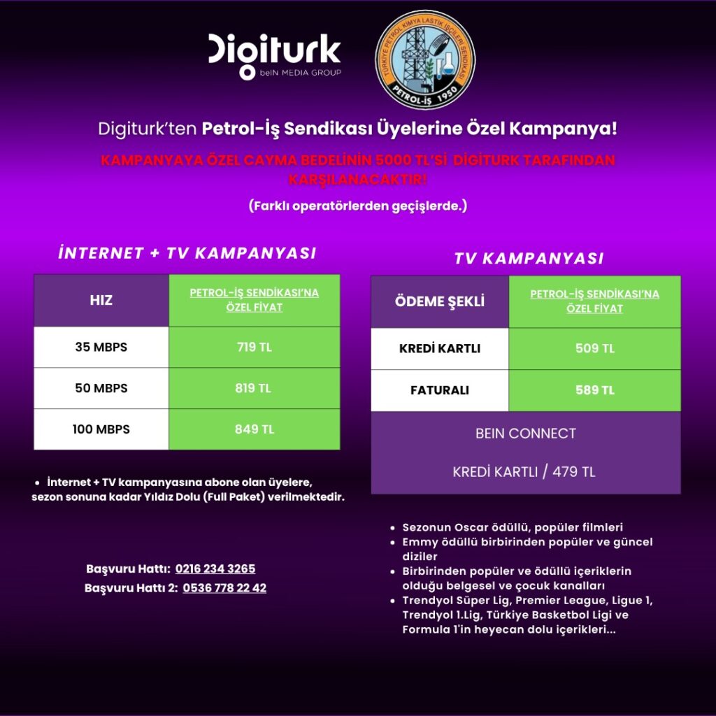 Digitürk’ten Petrol-İş Sendikası Çalışan ve Yakınlarına Özel Kampanya’da Fiyat Güncellemesi Yapılmıştır